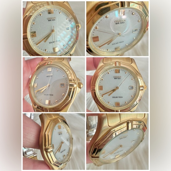 Citizen Eco-Drive technology solar-tech gold date watch men men’s brushed metal - Picture 3 of 15